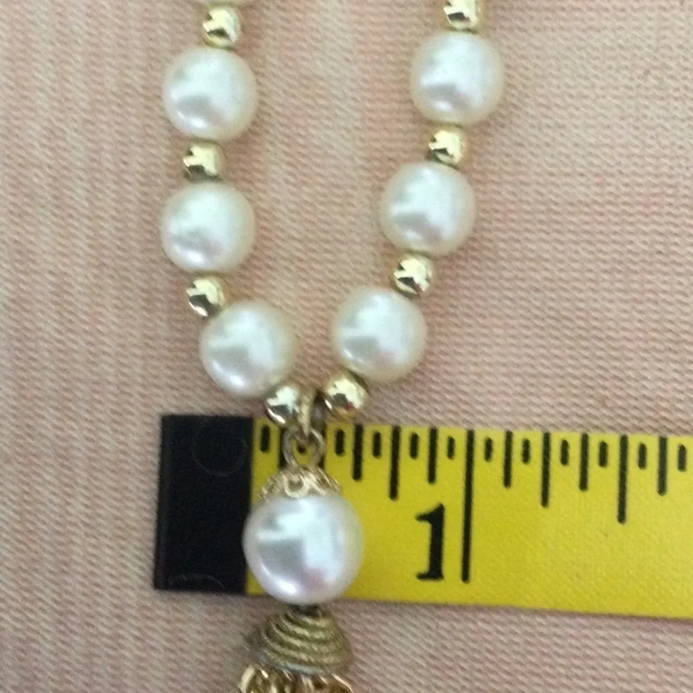 Vintage Pearl & Gold Color Beaded Necklace goes over the head pearls not real.